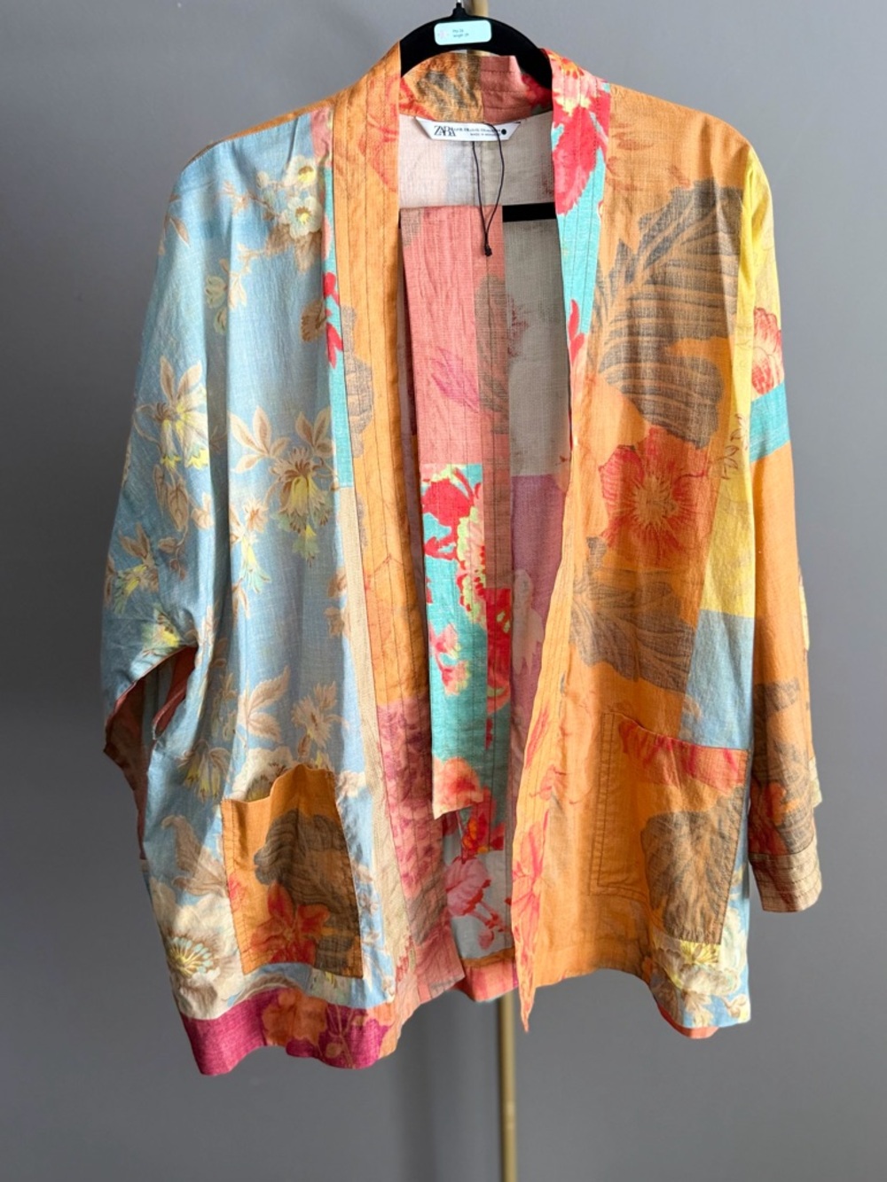 Zara Floral Patchwork Kimono Jacket in Orange, Light Blue, Pink